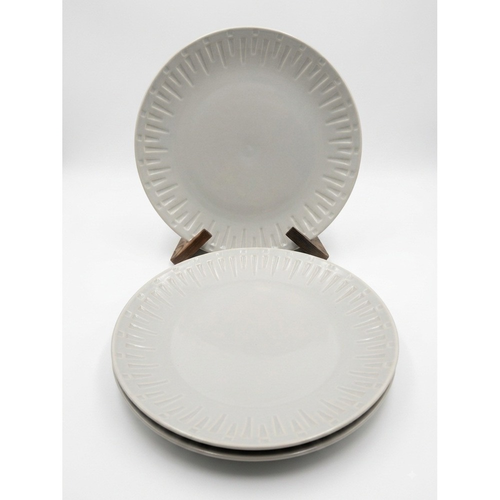 Sango Contempo Gray Dinner Plates Set of 3 Embossed Sunburst Rim 4625 Stoneware